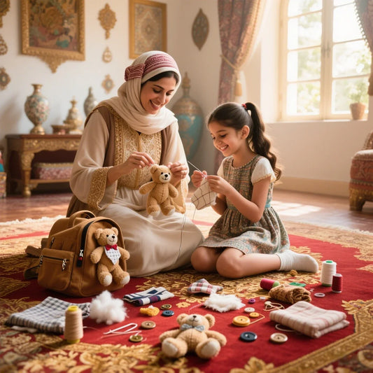 rab mother and daughter bonding over DIY teddy bear charms in Dubai